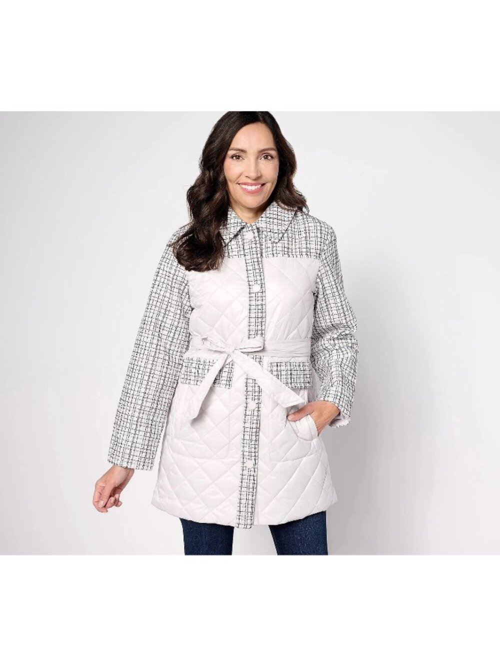 Isaac Mizrahi Live! Quilted Coat 2X Belted Snap Front Tweed Accents Cream NEW
